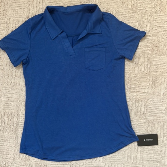 AKEWEI V-Neck Polo Shirt Short Sleeve Collared Tops Casual Tunic Blouse Medium - Picture 5 of 16